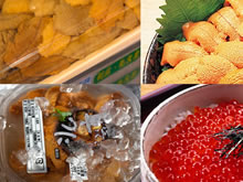 小樽出產的海膽蓋飯，北海道出產的鹽漬鮭魚子蓋飯的照片。